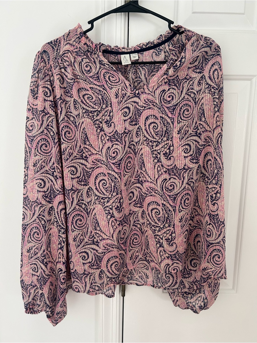 Joie Pink and Navy Paisley Long-Sleeve Blouse